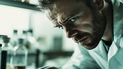 A man with intense focus and a beard wearing a lab coat while working on an experiment.