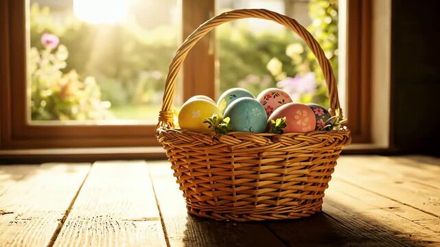 A festive Easter basket with colorful painted eggs sits on a wooden floor in the warm morning sunlight from a window.