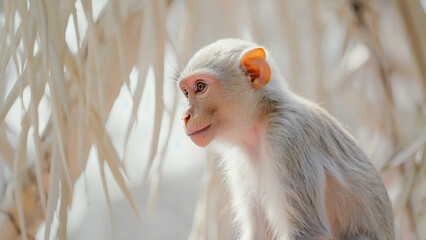 White Hanuman langur sitting on tree branch featuring 2026 color trend Cloud Dancer warm whites. Color of the Year 2026. Cloud Dancer	