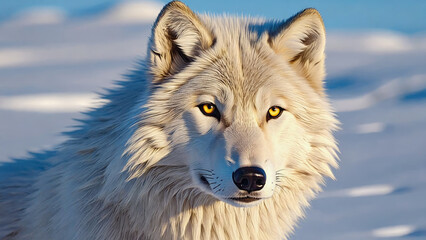 Arctic wolf portrait in snowy tundra, focused and alert with piercing yellow eyes, fur tinted Cloud Dancer trend color. Color of the Year 2026. Cloud Dancer