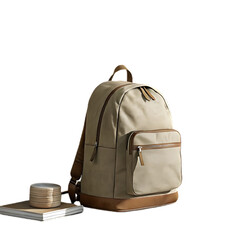 Stylish beige backpack with brown accents and accessories