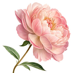 Beautiful pink peony flower with green leaves on white background