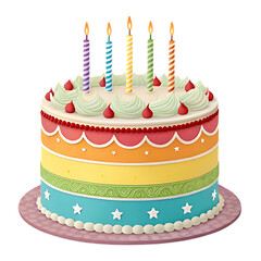 Colorful birthday cake with candles and red cherries on top