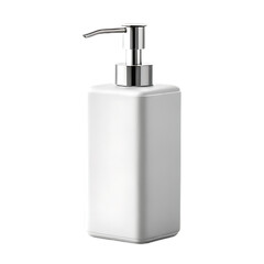 White soap dispenser with silver pump on white background