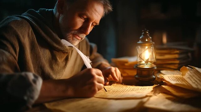 Faceless elder figure writing ancient text with quill pen by warm oil lamp light, historical scribe creating manuscript for biblical records, defocused scrolls, with copy space