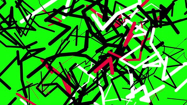 Abstract chaotic black, white and red scribble lines animation on green screen for chroma key overlay