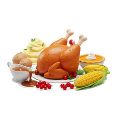 Roasted turkey centered on a festive table with corn, cranberries, and savory accompaniments.