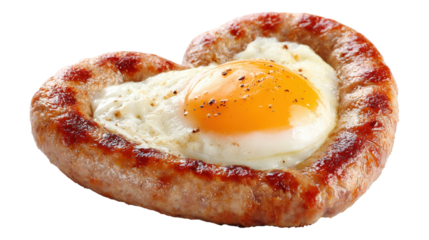 A heart-shaped breakfast with sausage and an egg