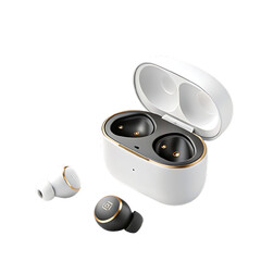 Wireless earbuds with charging case and gold accents