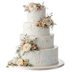 Beautiful white wedding cake with floral decorations and gold accents