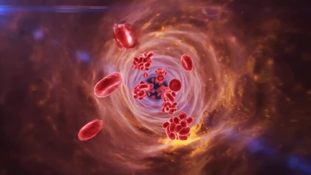 3D animation of red blood cells and clots flowing through a bloodstream in a medical visualization