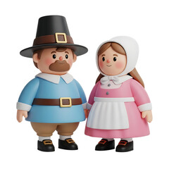 Pilgrim couple standing together in traditional attire against a white background