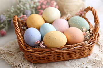 easter eggs in wicker basket pastel colors