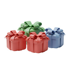 A delightful collection of four vibrant gift boxes, each adorned with a charming bow, set against a clean white background, perfect for celebrations and special occasions