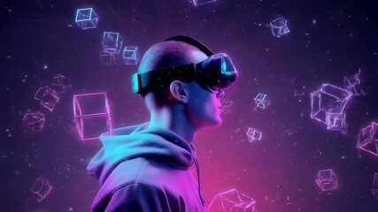 Young man wearing virtual reality headset surrounded by glowing digital shapes, immersive cyber environment, neon lighting, and advanced interactive technology scene - Powered by Adobe