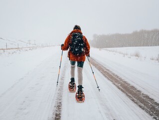 A solitary adventurer snowshoes along a winding mountain trail, immersed in a tranquil winter wonderland filled with falling snowflakes.