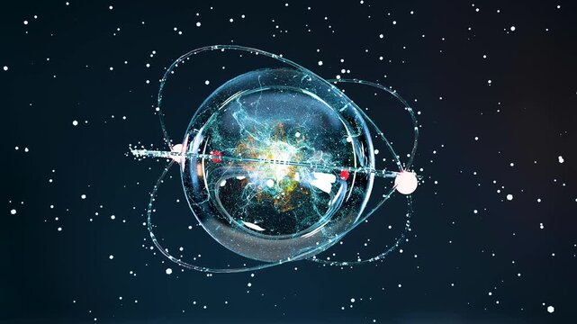Atom anatomy, Atomic model or structure , alpha channel, electrons orbiting the nucleus particles, Single atom and its electron cloud. Quantum mechanics and atomic, Neutrons and protons, 3d render