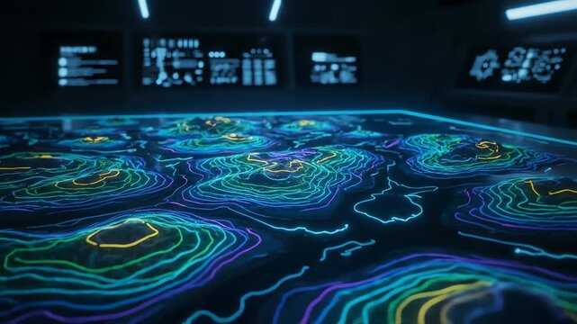 Futuristic 3D topographic map with glowing neon contour lines in a dark control room