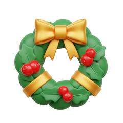 A festive green wreath adorned with golden ribbons and red berries is centered on a plain white background