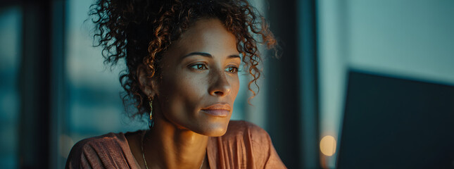 Online consult with laptop, video conference, Young pretty african american business woman bookkeepers working with balance sheet yearly reports to calculate tax and online consult in modern office.