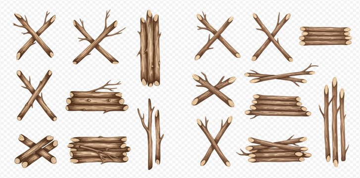 Set of wooden logs, branches, and sticks in various arrangements for natural design elements.