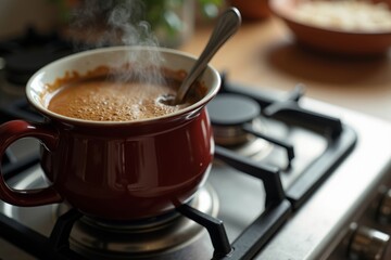A Close-up of Steaming Freshly Brewed Coffee on Stove with Hidden Family Recipe