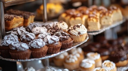 Assortment of freshly baked sweet pastries including cupcakes with frosting and cakes displayed on tiered stands in a bakery or patisserie close up