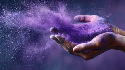 Fototapeta premium Hands releasing vibrant purple pigment in motion, epilepsy awareness, hope, support, and celebration of Purple Day
