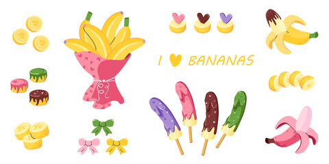 Colorful set of bananas - whole, sliced, peeled, covered in chocolate and sprinkled with sweet toppings. Bouquet of juicy yellow fruits. Ice cream popsicles in glaze on sticks.