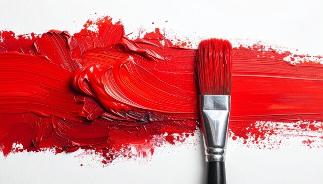 Paintbrush with red-coated bristles beside thick textured red stroke on white surface