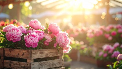 Pink peonies in wooden crate at vibrant flower market with sunlight filtering through canopy