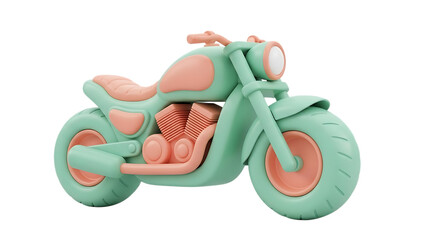 A stylized green and pink plastic toy motorcycle model displayed on a white background