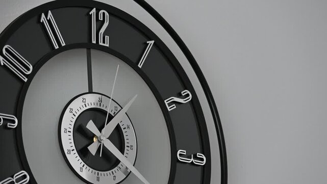 An antique vintage clock with a circular dial and silver-colored numerals, and a ticking second hand, hangs on the wall as a symbol of timekeeping in the business world.