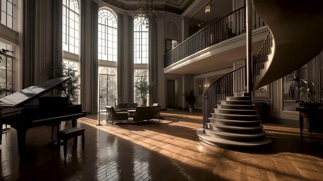 Luxury modern mansion interior with grand piano, spiral staircase, tall windows, warm sunlight, refined architecture, and elegant residential living space