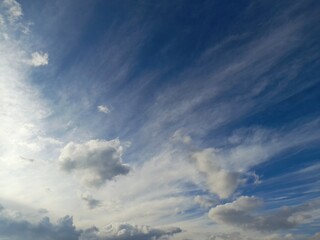 Panoramic View of Blue Sky with Wispy Cirrus and Fluffy White Clouds