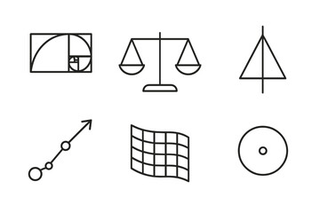 Composition Flow Icons. Line style icons of Composition Flow: golden ratio spiral, balance scale, symmetry axis, visual path,