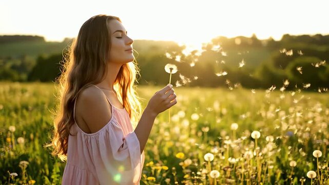 Young woman blowing dandelion seeds in a sun-drenched meadow at golden hour