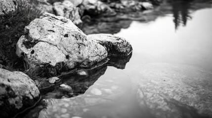 A serene scene of a rocky stream captured in monochrome, evoking a sense of tranquility and timelessness.