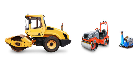 Set of three road rollers and compactors isolated on white. Heavy yellow, tandem red, and vibratory plate construction machines. High quality photo