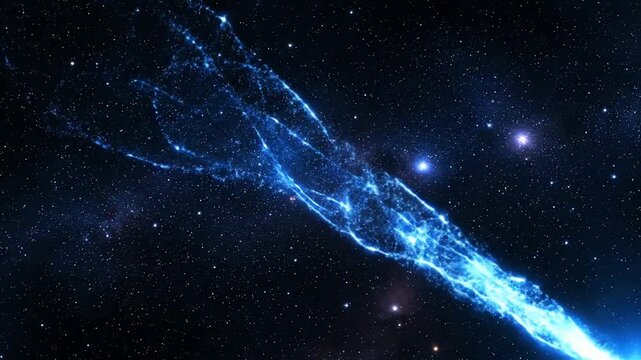 A science fiction animation of a glowing blue comet traveling through a dark starry galaxy. Luminous celestial body with an energy tail in deep space.