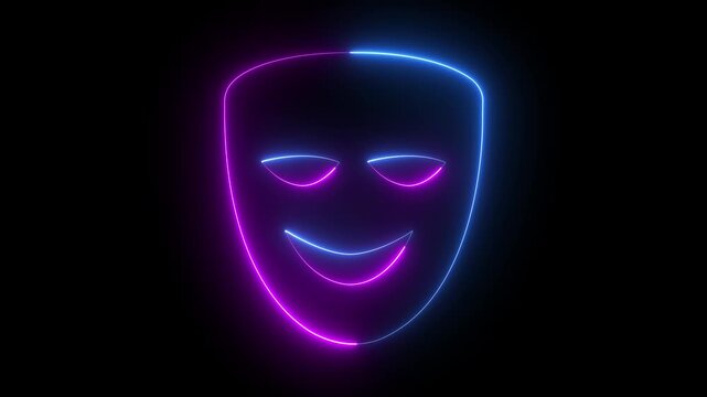 Neon tragedy mask icon animation on black background. Comedy and drama mask icon. Theatrical tragedy, smiley face, dramatic performance, theater show. Theatre symbol. 4k motion video.