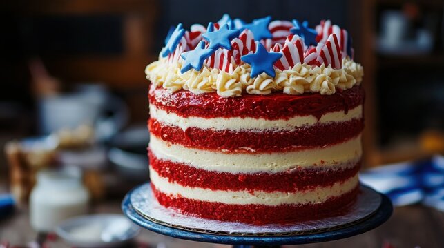 Create a patriotic fourth of july cake with red white and blue frosting and star decorations on a table with blurred background