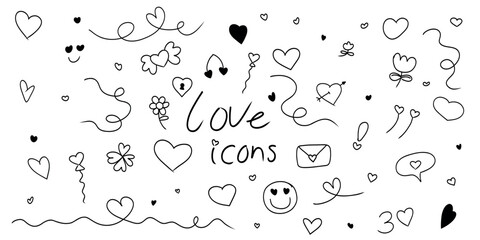 Hand Drawn Love Icons and Hearts Doodle Set for Wedding Romance and Valentine Design