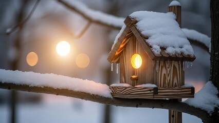 Snowy Wooden Birdhouse
