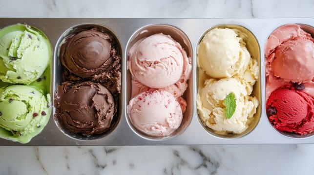 Create a menu for a gelato tasting flight with assorted flavors of creamy gelato including mint chocolate chip, hazelnut, pistachio, stracciatella, and raspberry sorbet