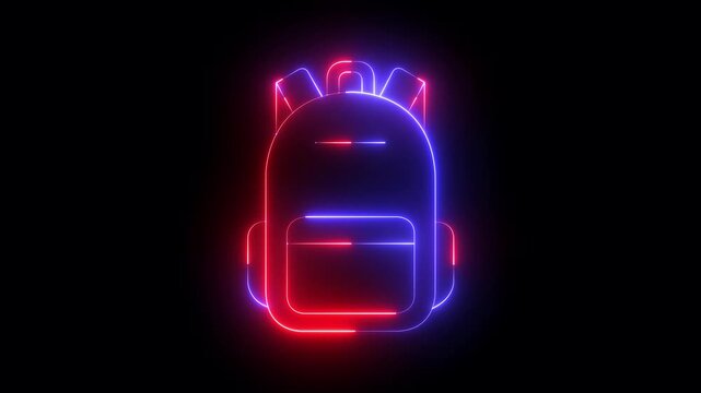 neon School backpack icon isolated on black background. school backpack bag icon animation. 4k motion video.