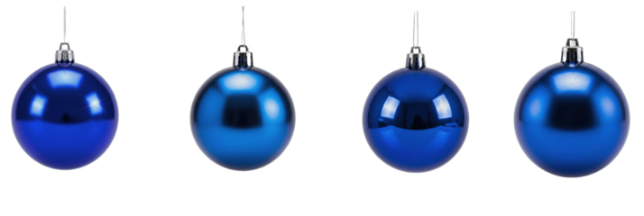 Set of four blue Christmas baubles, hanging glossy blue ornaments, isolated on white background, shiny metallic Xmas balls, festive holiday decorations, PNG.