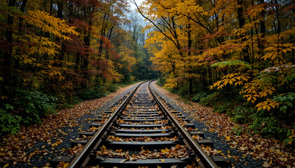 A train track with leaves on it