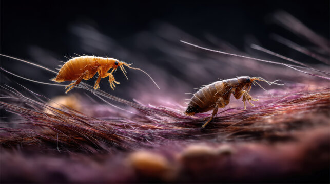 Fleas jumping and crawling through pet fur in extreme macro view showing parasite infestation and animal health problem