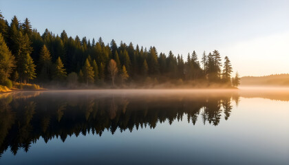 A forest with a lake in the background